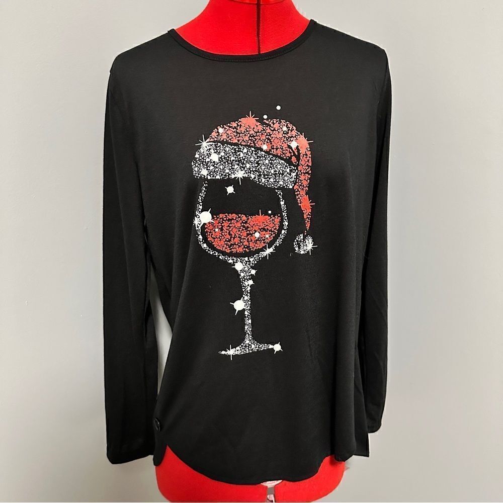 Lilicloth black T-shirt with Christmas wine glass. Size medium